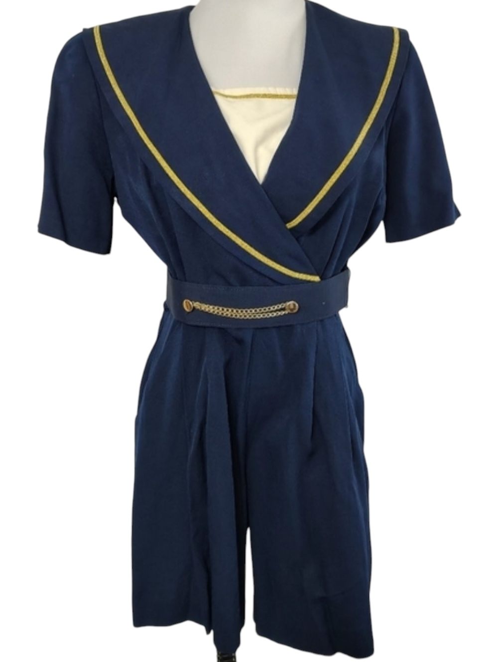 Vintage 80s JSJ Petites Women's Navy Blue Sailor Romper Nautical Size 8